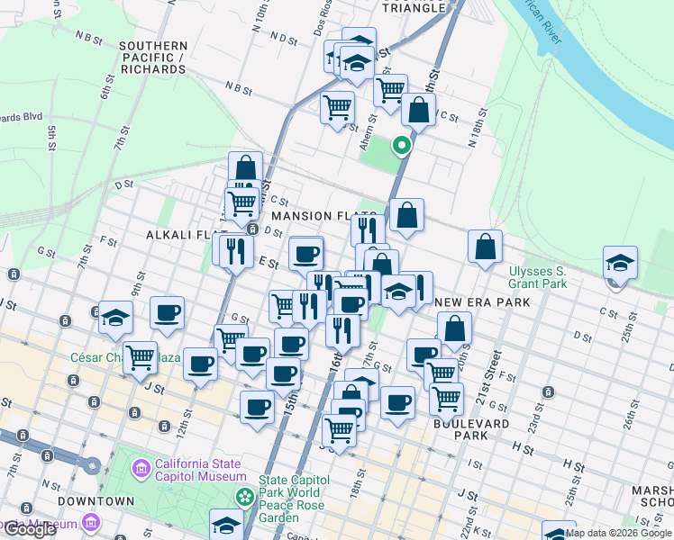 map of restaurants, bars, coffee shops, grocery stores, and more near 15th St & D St E St Alley in Sacramento