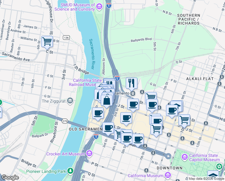 map of restaurants, bars, coffee shops, grocery stores, and more near 201 I Street in Sacramento