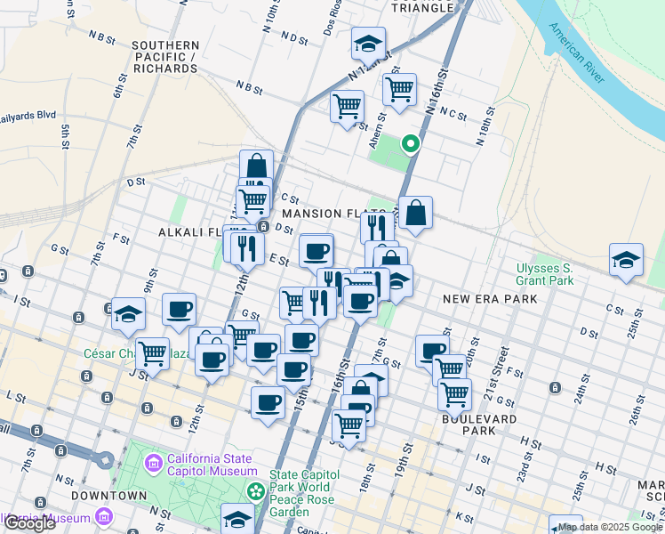 map of restaurants, bars, coffee shops, grocery stores, and more near 425 14th Street in Sacramento