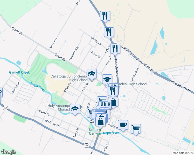 map of restaurants, bars, coffee shops, grocery stores, and more near 1620 Grant Street in Calistoga