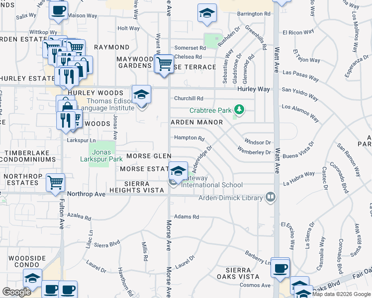 map of restaurants, bars, coffee shops, grocery stores, and more near 1129 Amberwood Road in Sacramento