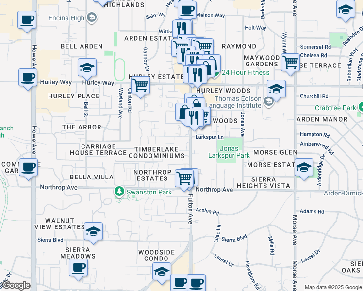 map of restaurants, bars, coffee shops, grocery stores, and more near 1065 Fulton Avenue in Sacramento