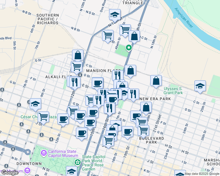 map of restaurants, bars, coffee shops, grocery stores, and more near 411 15th Street in Sacramento