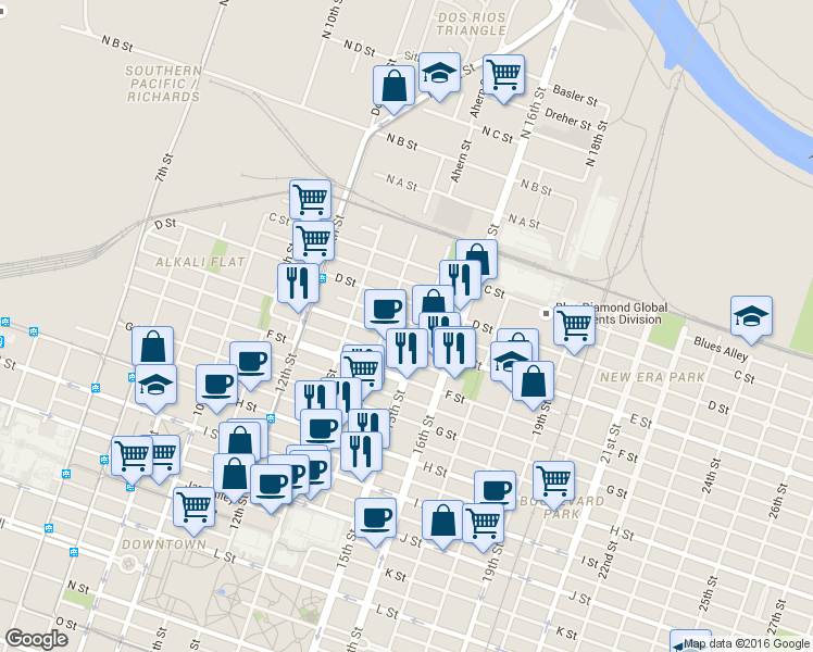 map of restaurants, bars, coffee shops, grocery stores, and more near 425 14th Street in Sacramento