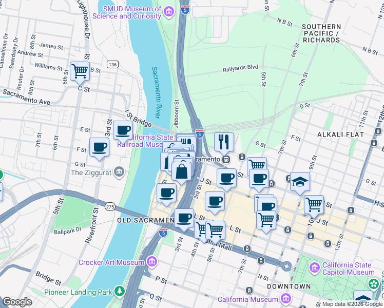 map of restaurants, bars, coffee shops, grocery stores, and more near 201 I Street in Sacramento