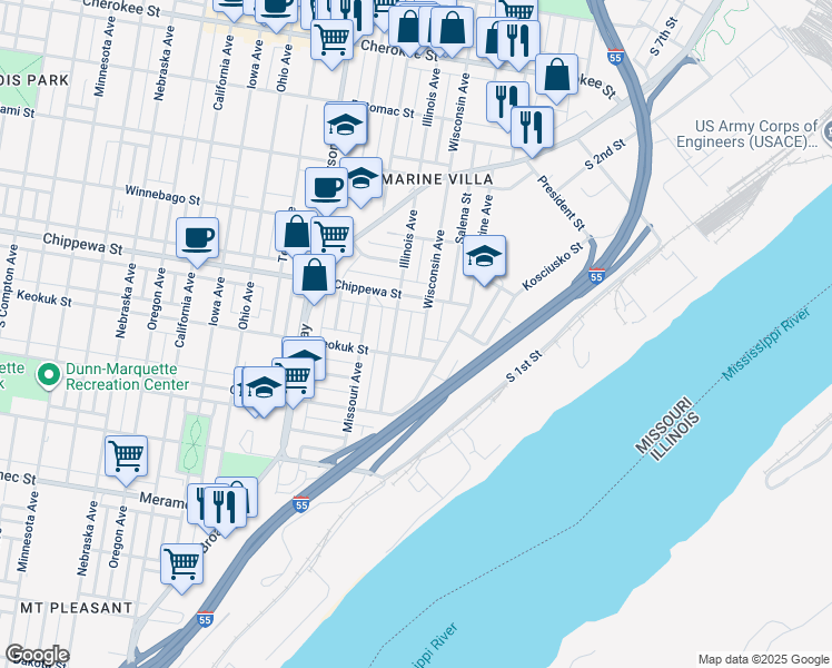 map of restaurants, bars, coffee shops, grocery stores, and more near 3834 Illinois Avenue in St. Louis