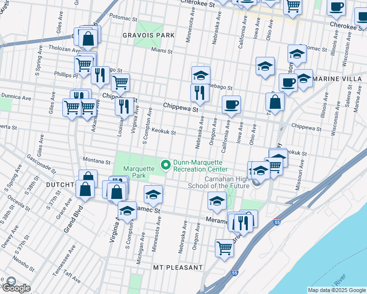 map of restaurants, bars, coffee shops, grocery stores, and more near 3929 Pennsylvania Avenue in St. Louis