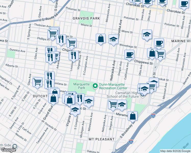 map of restaurants, bars, coffee shops, grocery stores, and more near 3935 Minnesota Avenue in St. Louis