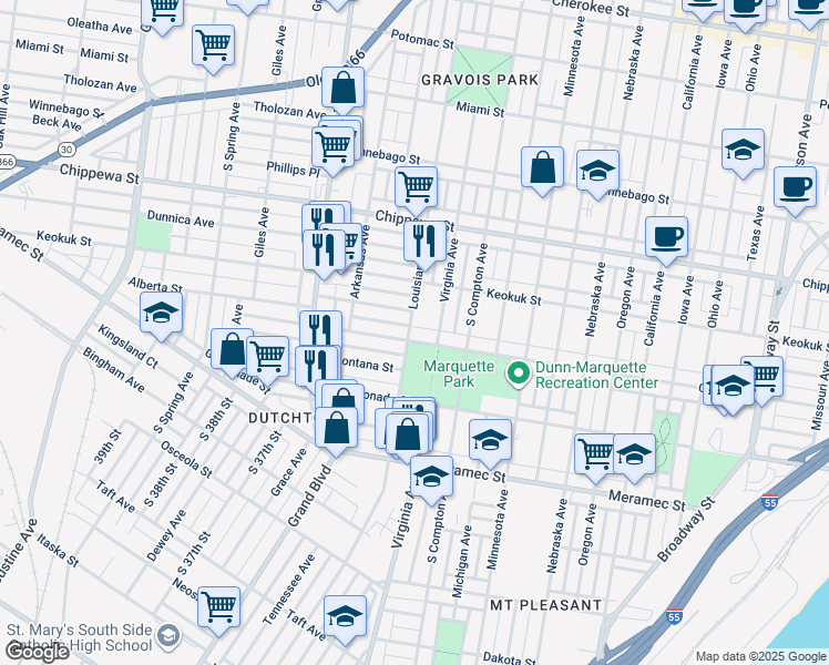 map of restaurants, bars, coffee shops, grocery stores, and more near 3405 Osage Street in St. Louis