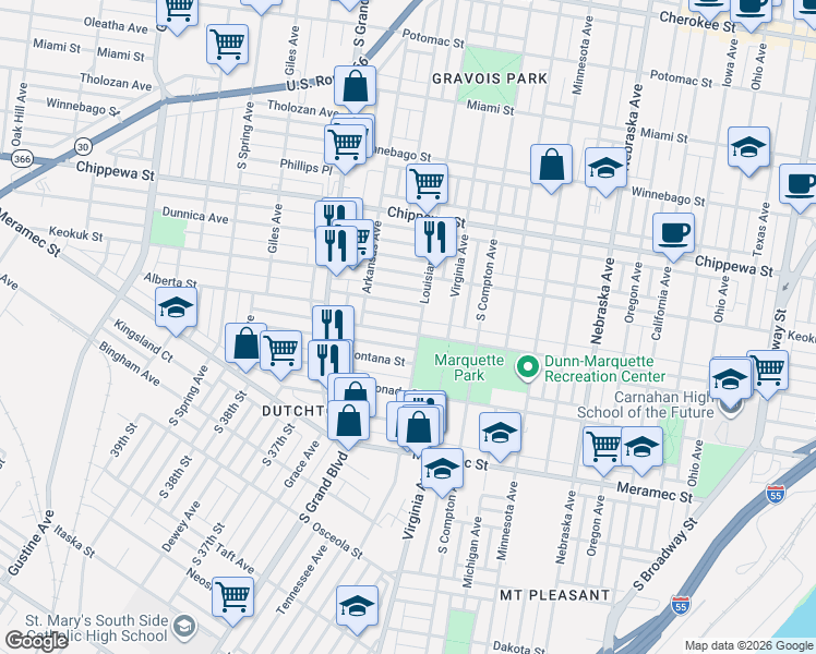 map of restaurants, bars, coffee shops, grocery stores, and more near 3405 Osage Street in St. Louis
