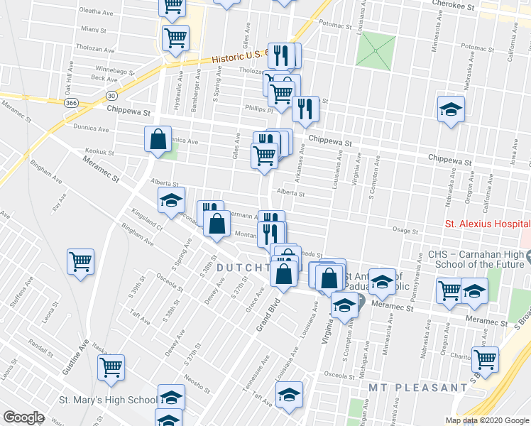 map of restaurants, bars, coffee shops, grocery stores, and more near in St. Louis