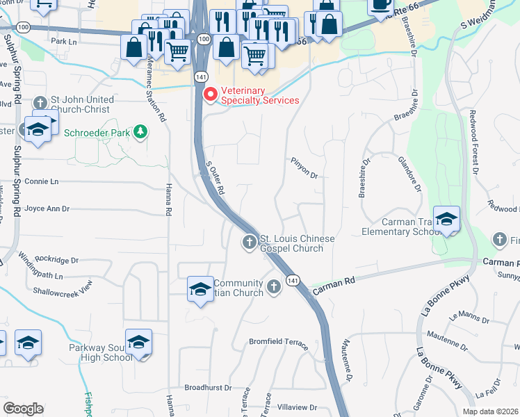 map of restaurants, bars, coffee shops, grocery stores, and more near 418 Dennison Estates Drive in Ballwin