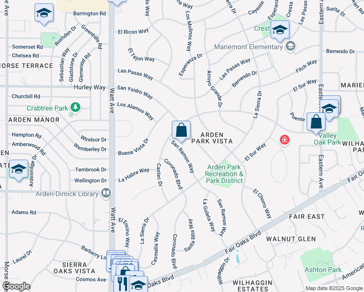 map of restaurants, bars, coffee shops, grocery stores, and more near 1068 San Ramon Way in Sacramento