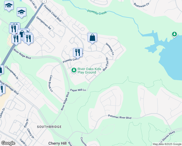map of restaurants, bars, coffee shops, grocery stores, and more near 2503 Basin View Lane in Woodbridge
