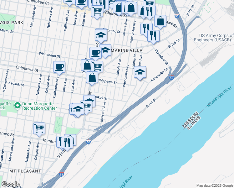 map of restaurants, bars, coffee shops, grocery stores, and more near 3834 Illinois Avenue in St. Louis
