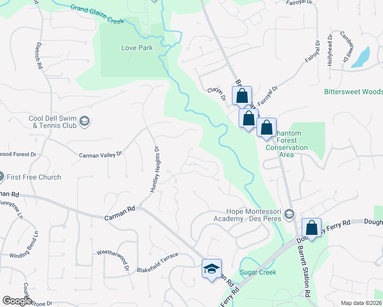 map of restaurants, bars, coffee shops, grocery stores, and more near 626 Highview Circle Drive in Ballwin