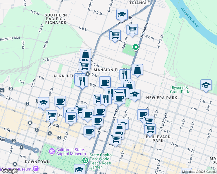 map of restaurants, bars, coffee shops, grocery stores, and more near 425 14th Street in Sacramento
