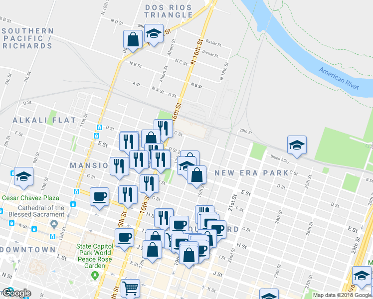map of restaurants, bars, coffee shops, grocery stores, and more near 1707 D Street in Sacramento