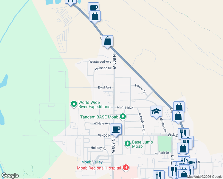 map of restaurants, bars, coffee shops, grocery stores, and more near 737 North 500 West in Moab