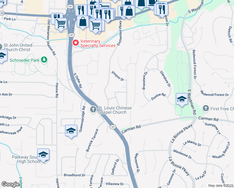 map of restaurants, bars, coffee shops, grocery stores, and more near 475 Lynwood Forest Dr in Ballwin