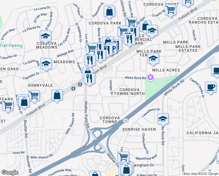 map of restaurants, bars, coffee shops, grocery stores, and more near 2974 Joerger Street in Rancho Cordova
