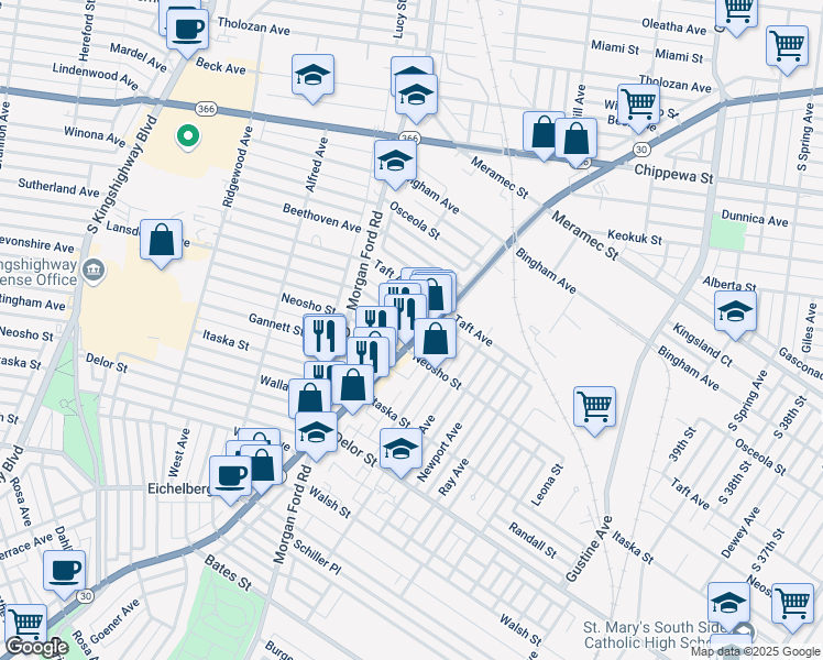map of restaurants, bars, coffee shops, grocery stores, and more near 4208 Ellenwood Avenue in St. Louis