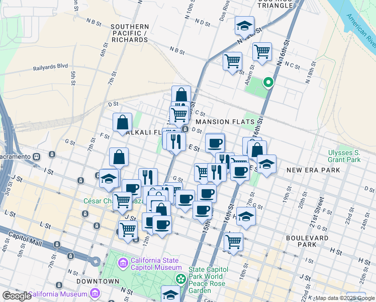 map of restaurants, bars, coffee shops, grocery stores, and more near 1220 E Street in Sacramento