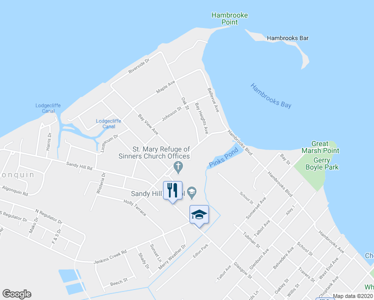 map of restaurants, bars, coffee shops, grocery stores, and more near 1805 Hambrooks Boulevard in Cambridge