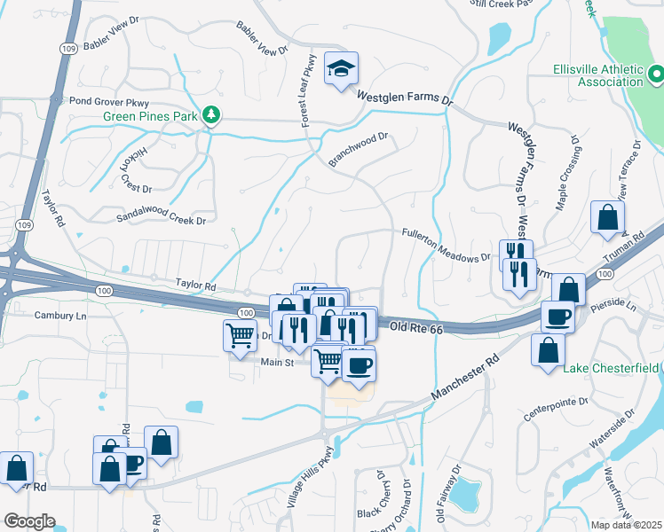 map of restaurants, bars, coffee shops, grocery stores, and more near 2517 Rain Forest Drive in Ballwin