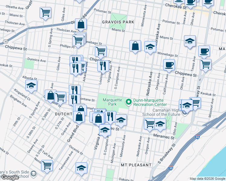 map of restaurants, bars, coffee shops, grocery stores, and more near 3950 Virginia Avenue in St. Louis