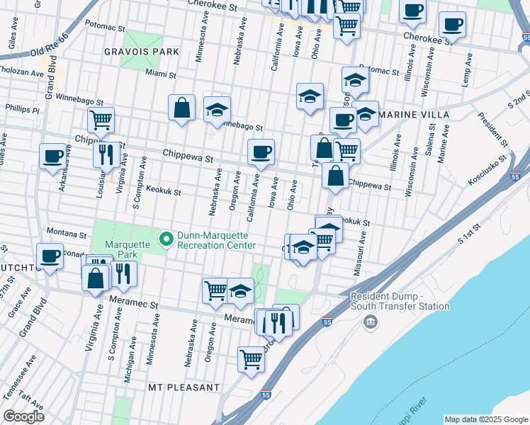 map of restaurants, bars, coffee shops, grocery stores, and more near 3907 Iowa Avenue in St. Louis