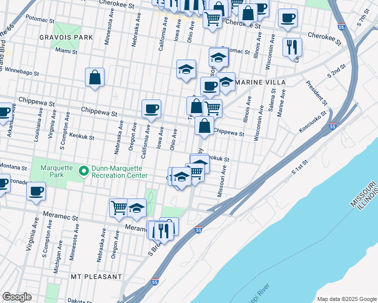 map of restaurants, bars, coffee shops, grocery stores, and more near 3858 Texas Avenue in St. Louis