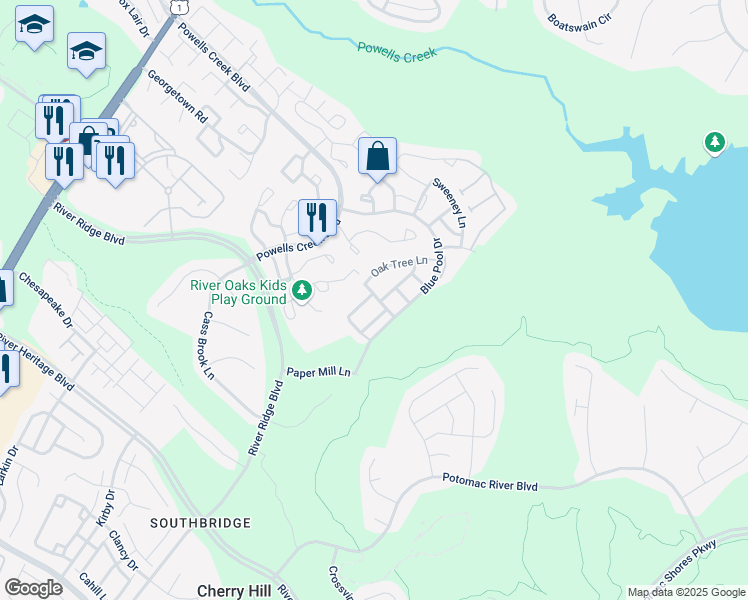 map of restaurants, bars, coffee shops, grocery stores, and more near 2501 Basin View Lane in Woodbridge