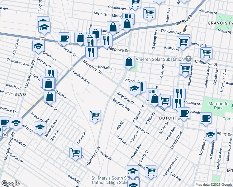 map of restaurants, bars, coffee shops, grocery stores, and more near 3953 Kingsland Court in St. Louis