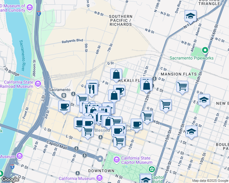 map of restaurants, bars, coffee shops, grocery stores, and more near 832 F Street in Sacramento