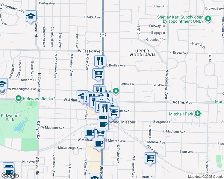 map of restaurants, bars, coffee shops, grocery stores, and more near 109 East Washington Avenue in Kirkwood