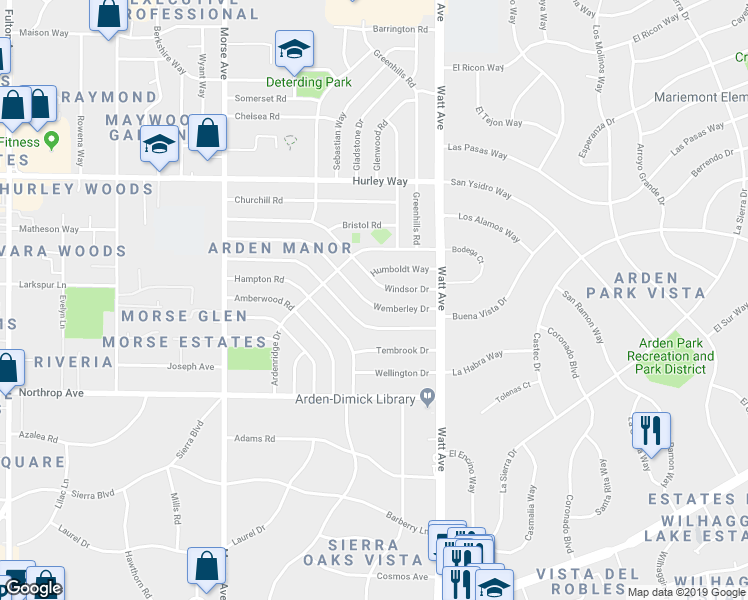 map of restaurants, bars, coffee shops, grocery stores, and more near 3337 Wemberley Drive in Sacramento