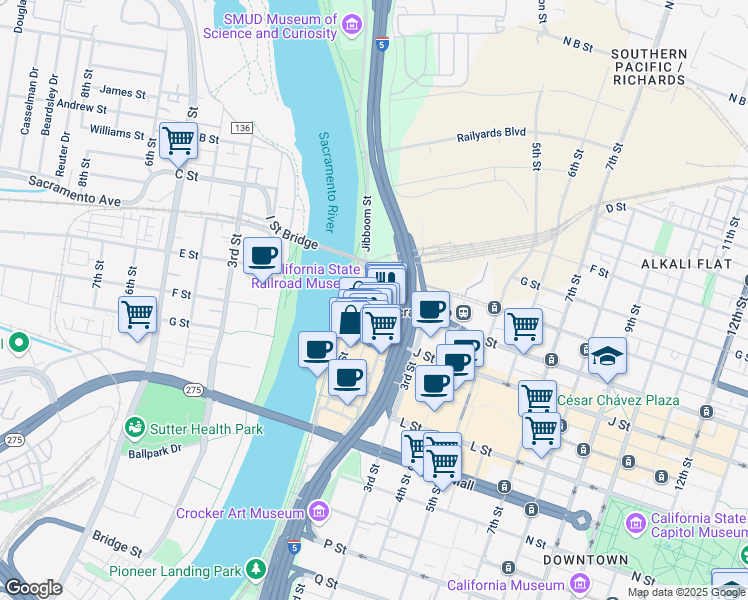 map of restaurants, bars, coffee shops, grocery stores, and more near 113 I Street in Sacramento