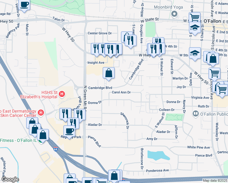 map of restaurants, bars, coffee shops, grocery stores, and more near 676 Carol Ann Drive in O'Fallon
