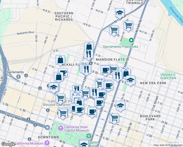 map of restaurants, bars, coffee shops, grocery stores, and more near 1220 E Street in Sacramento