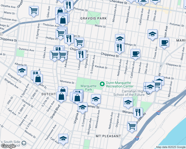 map of restaurants, bars, coffee shops, grocery stores, and more near 3938 South Compton Avenue in St. Louis