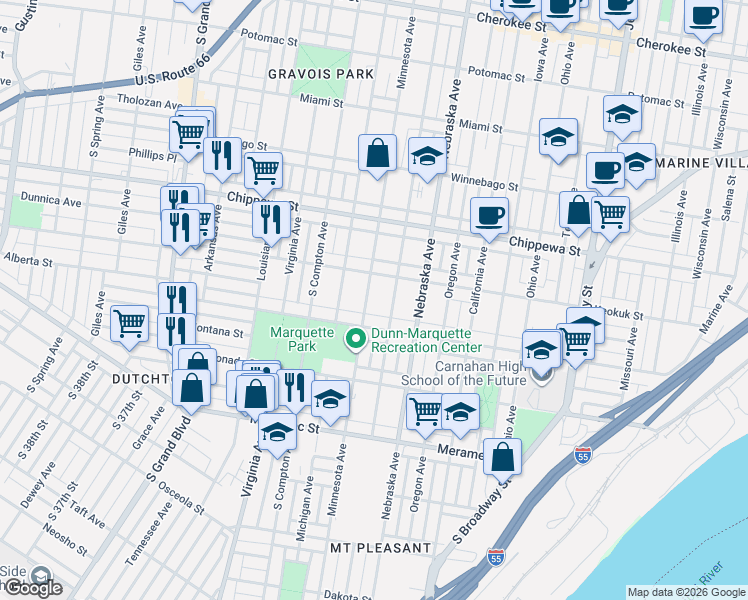 map of restaurants, bars, coffee shops, grocery stores, and more near 3935 Minnesota Avenue in St. Louis