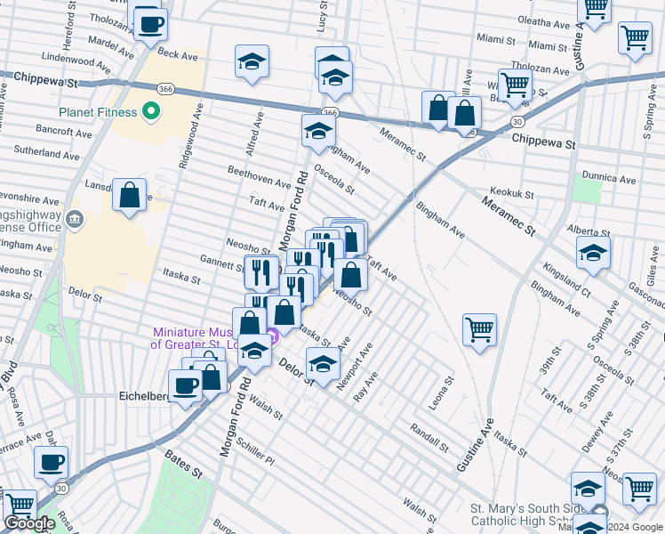 map of restaurants, bars, coffee shops, grocery stores, and more near 4204 Ellenwood Avenue in St. Louis