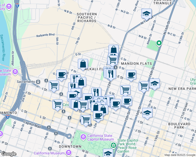 map of restaurants, bars, coffee shops, grocery stores, and more near 1017 F Street in Sacramento