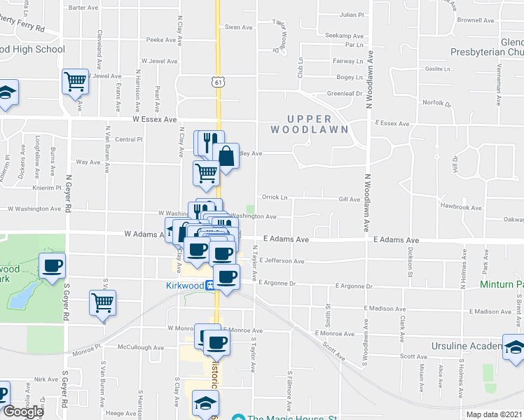 map of restaurants, bars, coffee shops, grocery stores, and more near 406 North Taylor Avenue in Kirkwood