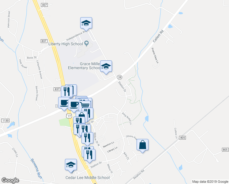map of restaurants, bars, coffee shops, grocery stores, and more near 10811 Grimbert Court in Bealeton