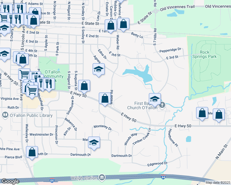 map of restaurants, bars, coffee shops, grocery stores, and more near 700 Weber Road in O'Fallon