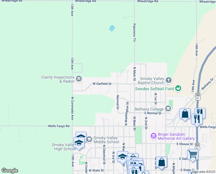 map of restaurants, bars, coffee shops, grocery stores, and more near 835 Sunset Drive in Lindsborg