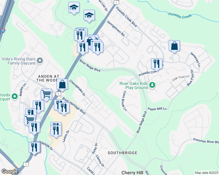 map of restaurants, bars, coffee shops, grocery stores, and more near 2902 Chevoit Hill Court in Woodbridge
