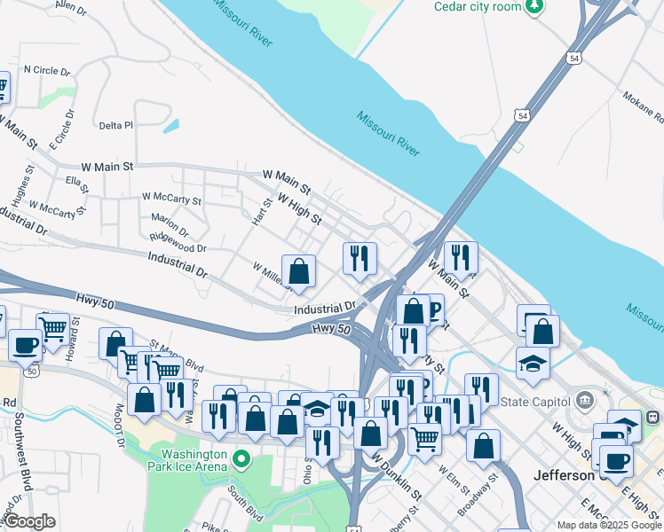 map of restaurants, bars, coffee shops, grocery stores, and more near 1004 West McCarty Street in Jefferson City